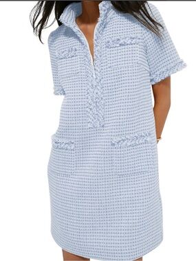 Women’s Blue/White Tweed Check Fringe Mock Neck Zip Shift Mini Dress XS